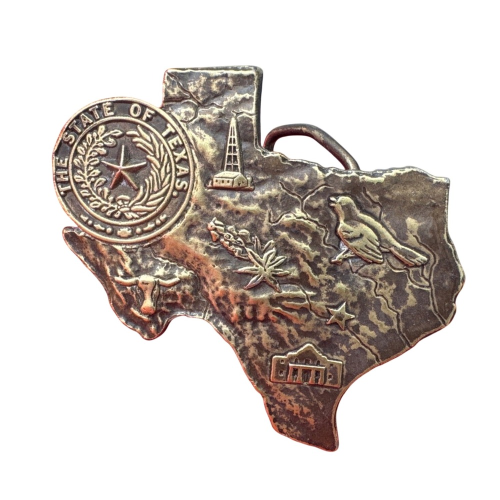 Bergamot Brass Works Belt Buckle Mens Silver Excellent 1976 Texas State Map